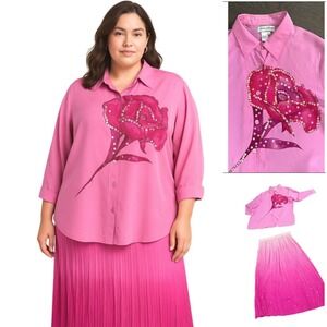 Diane Gilman‎ Silk Rose Sequin Embellished Button Down Shirt Midi Skirt Set 1X